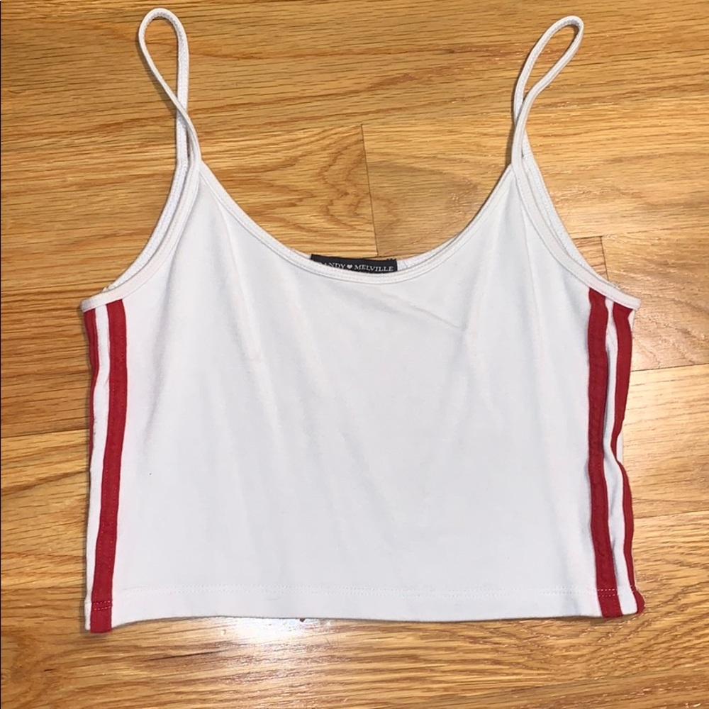 White brandy tank with red stripes down the side